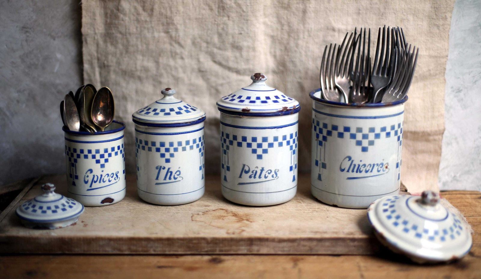 Set Of 4 Antique Enamel Canisters Lustucru Blue & White Art Deco Enamel Pots photo for sale