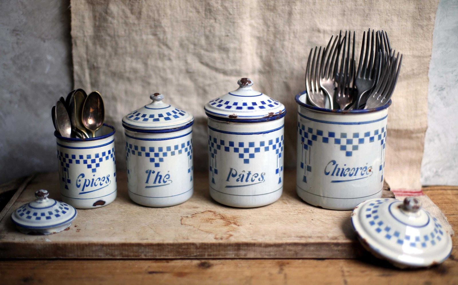 Set Of 4 Antique Enamel Canisters Lustucru Blue & White Art Deco Enamel Pots photo vinterior