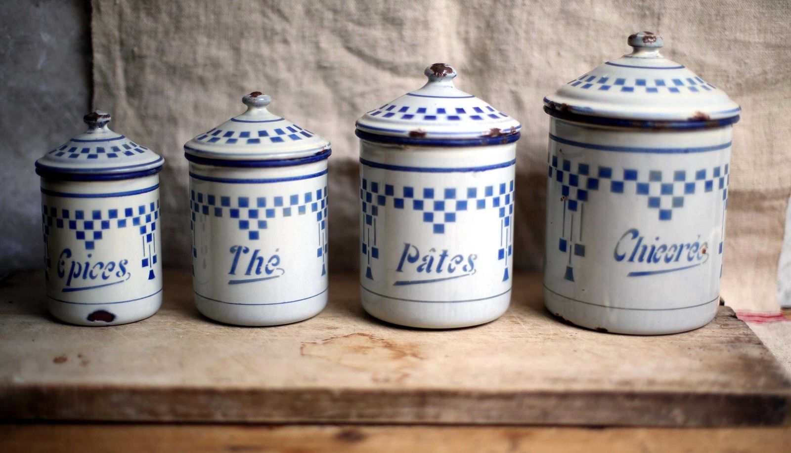 Set Of 4 Antique Enamel Canisters Lustucru Blue & White Art Deco Enamel Pots photo buy