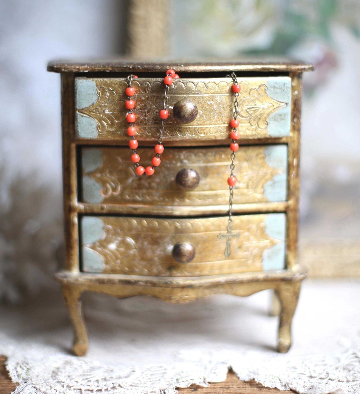 Antique Florentine Trinket Box Blue & Gold Miniature Chest Of Drawers Storage Jewelry Box photo Home Decor