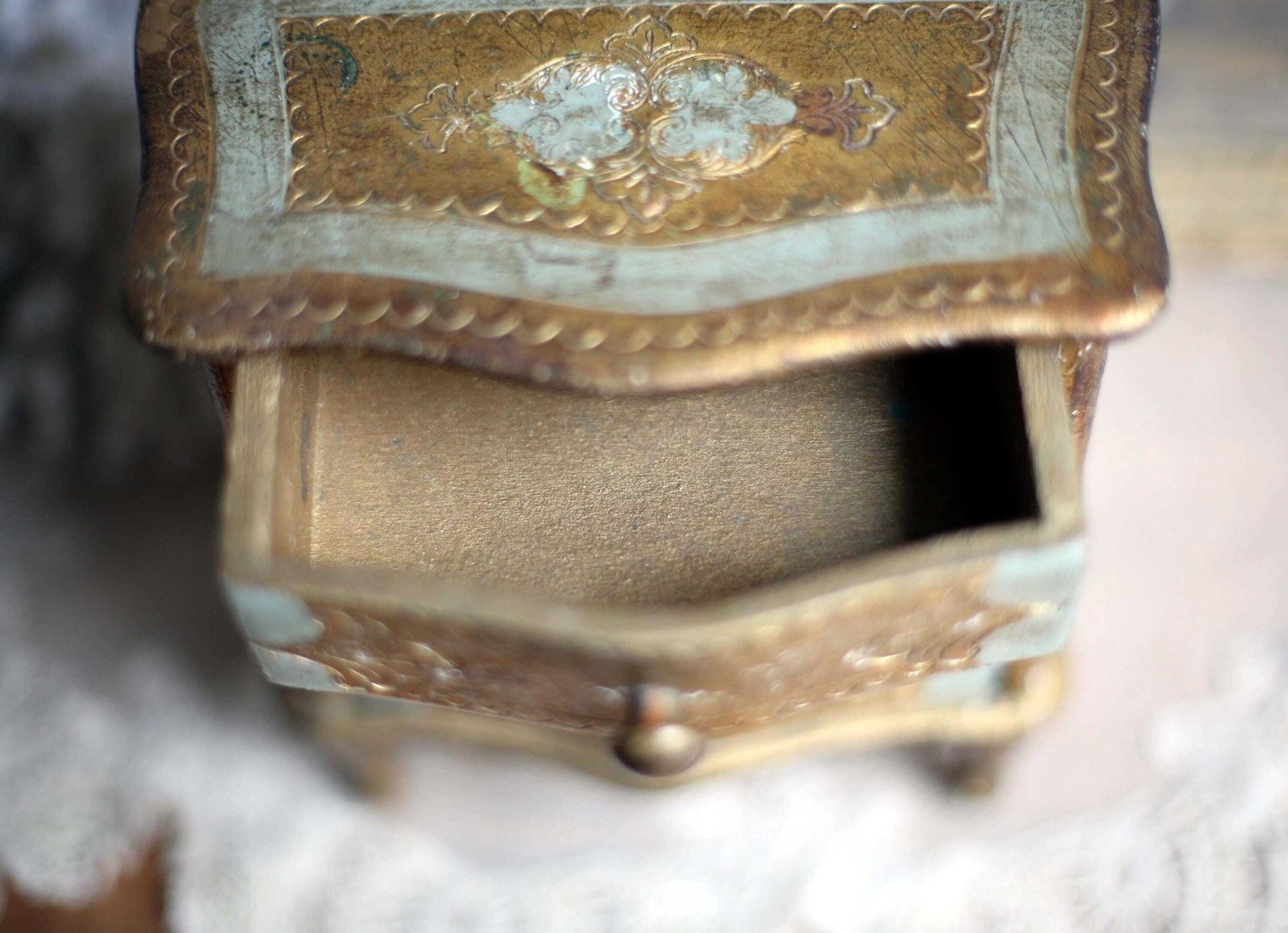 Antique Florentine Trinket Box Blue & Gold Miniature Chest Of Drawers Storage Jewelry Box photo buy