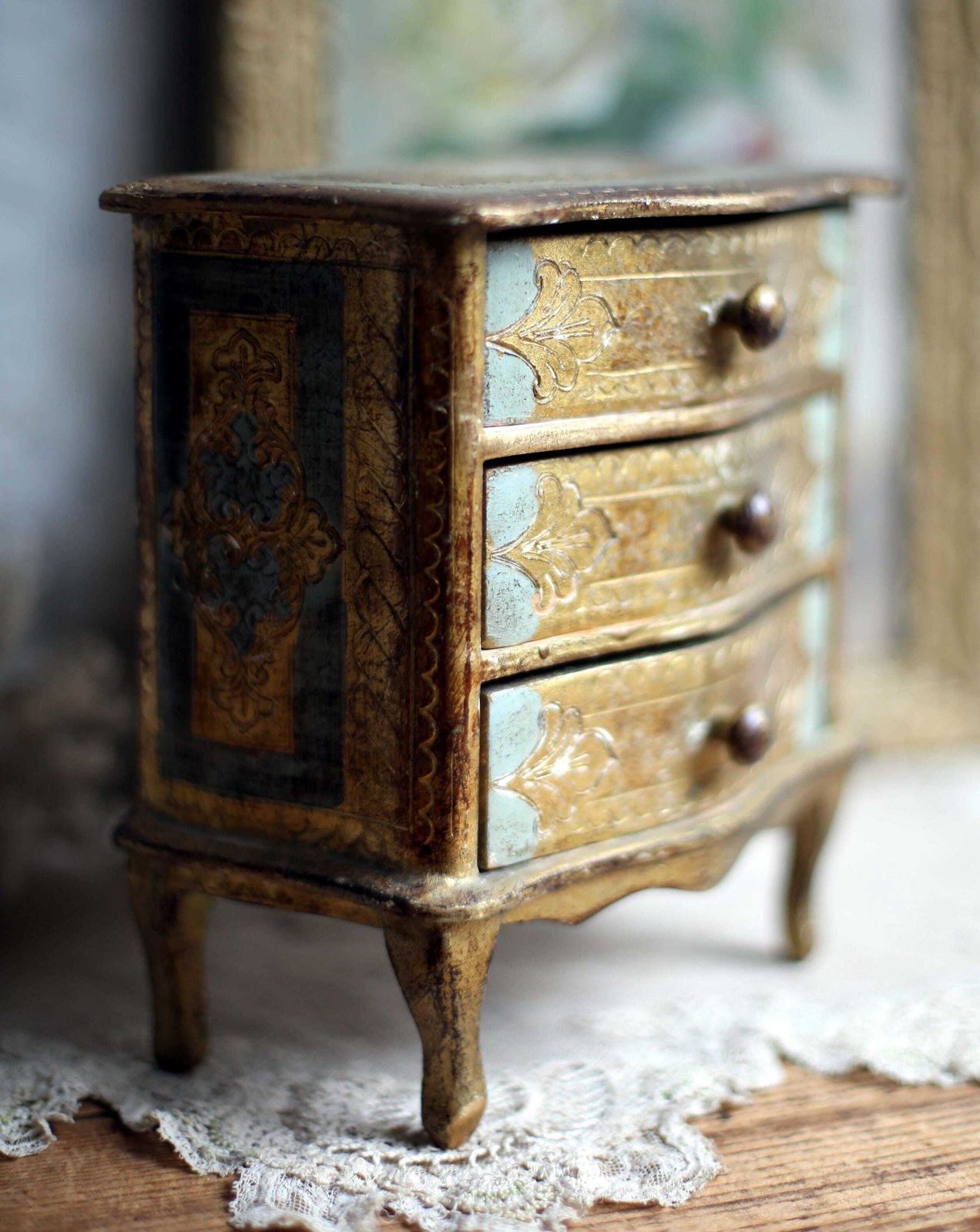Antique Florentine Trinket Box Blue & Gold Miniature Chest Of Drawers Storage Jewelry Box photo vintage