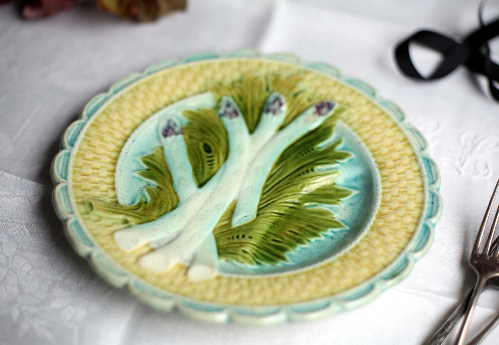 Antique Artichoke Plate Majolica French Asparagus Barbotine Serving Dish Salins photo for sale
