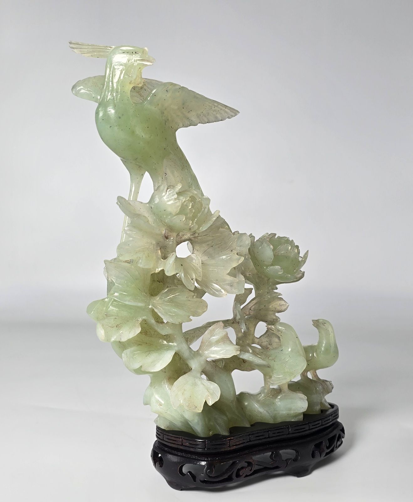Vintage Chinese Pale Green Hand Carved Stone Group Of Birds C 1930