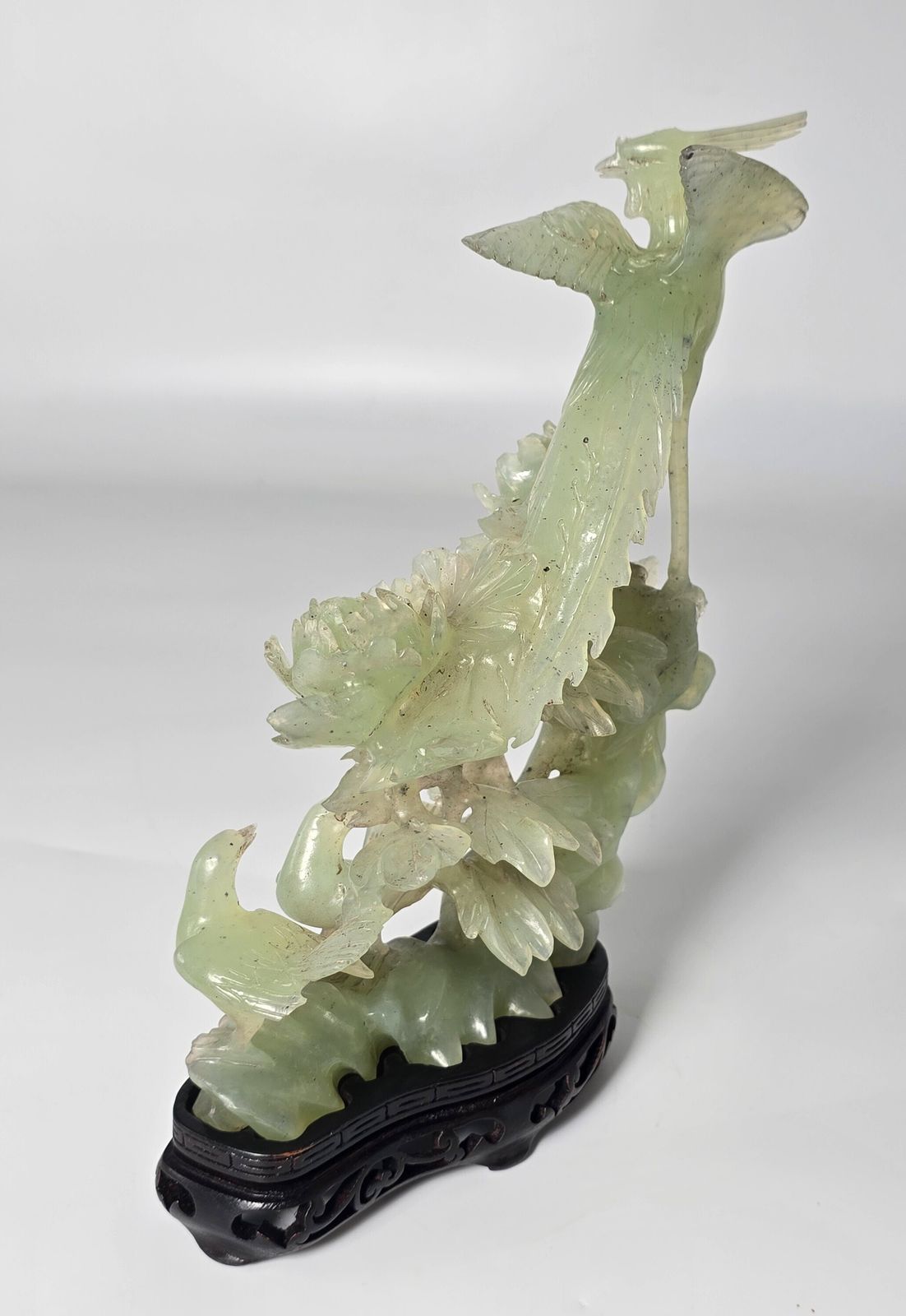 Vintage Chinese Pale Green Hand Carved Stone Group Of Birds C 1930 photo for sale
