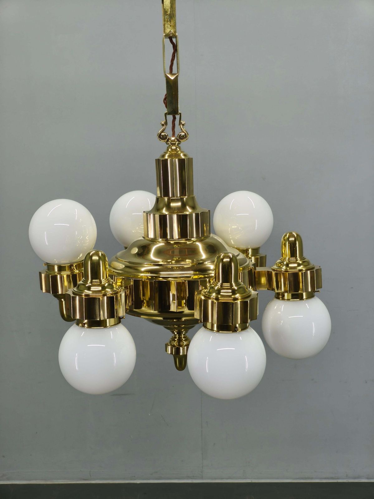 Lighting Czech Art Deco Brass Chandelier With Dual Arm Positions, 1930s photo