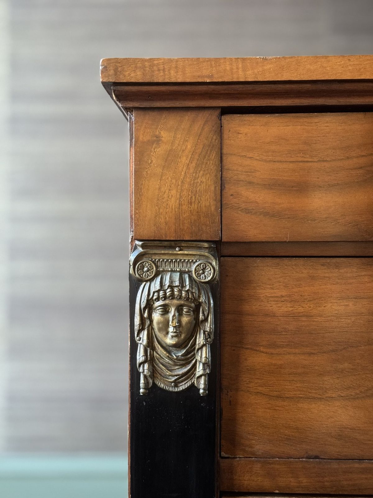 'The Watchers' 1800's French Empire Walnut Chest Of Drawers With Gilt Bronze Mounts And Ebonised Columns photo furniture