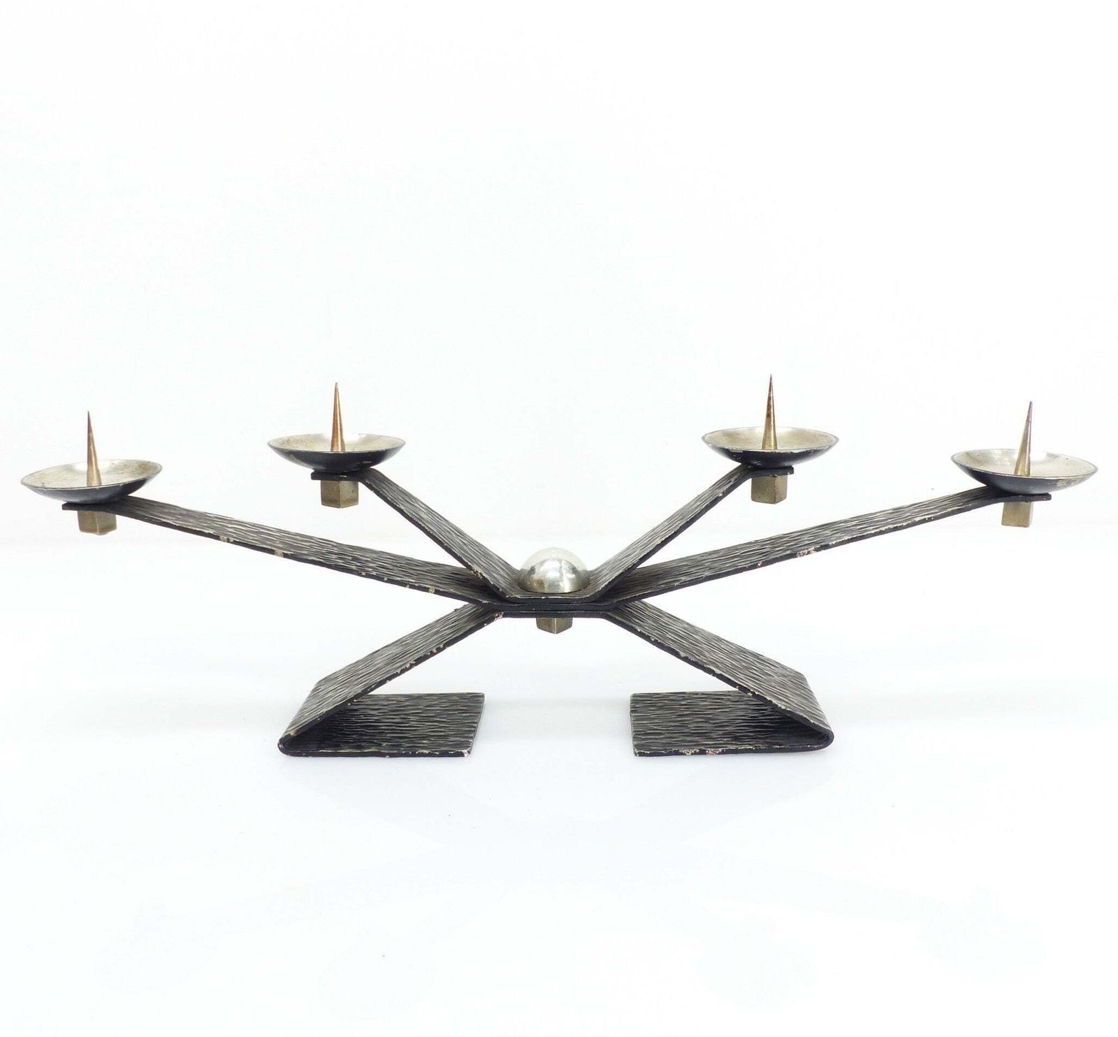 Modernist Brutalist Chandelier With Four Blackened Hammered Metal Spikes, Europe, Circa 1960 1970
