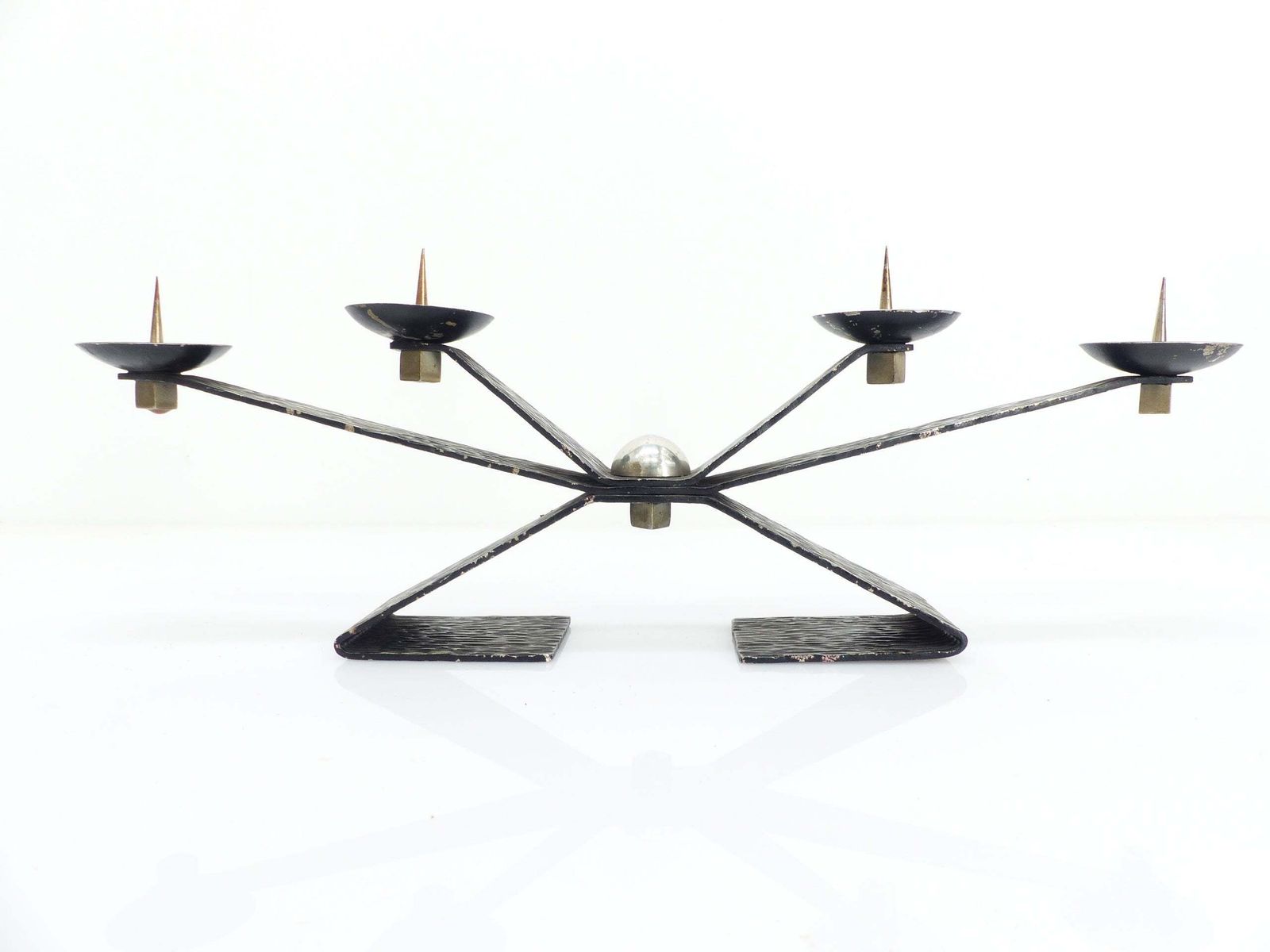 Modernist Brutalist Chandelier With Four Blackened Hammered Metal Spikes, Europe, Circa 1960 1970 photo furniture