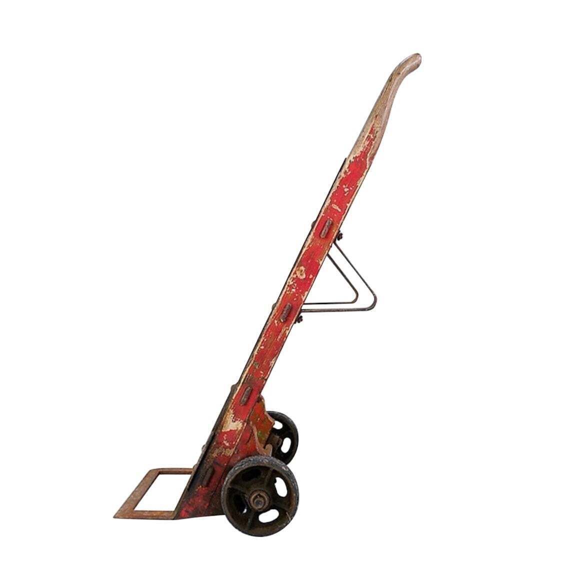 Mid 20th Century Antique Wooden Hand Truck In Campaign Style
