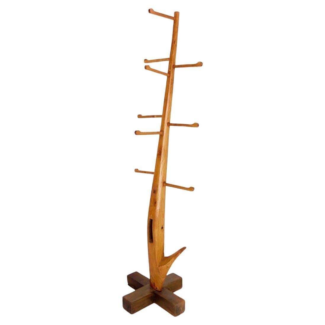 Vintage Brutalist Wood Coat Rack, Wabi Sabi Design, 186cm Tall