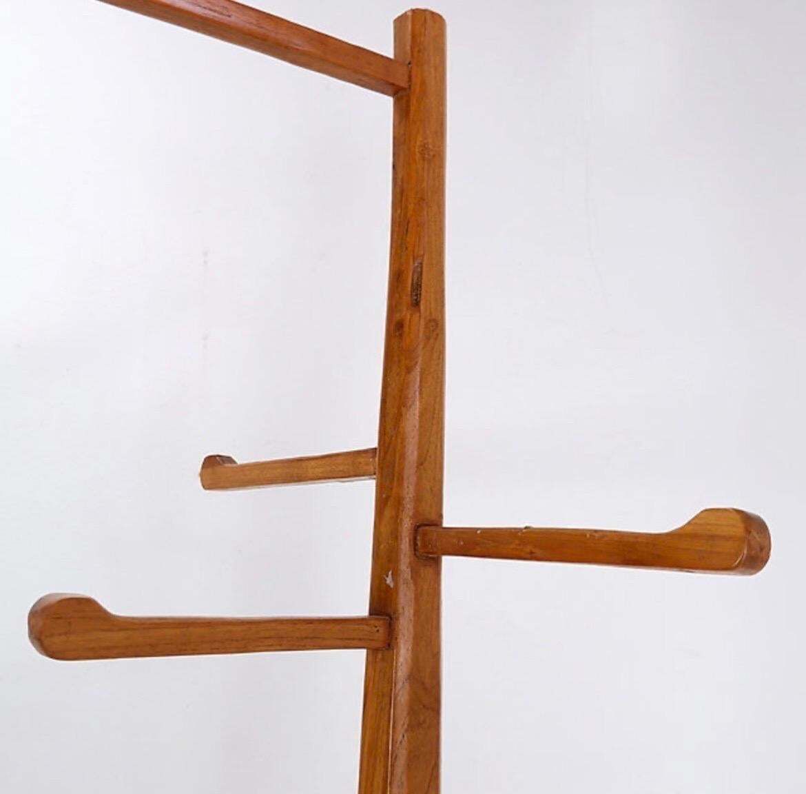 Vintage Brutalist Wood Coat Rack, Wabi Sabi Design, 186cm Tall photo furniture