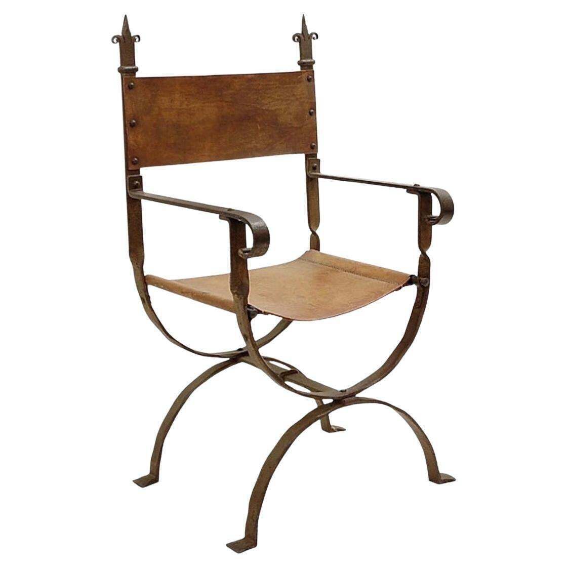 Brutalist Curule Armchair In Wrought Iron And Leather, Antique, 1950