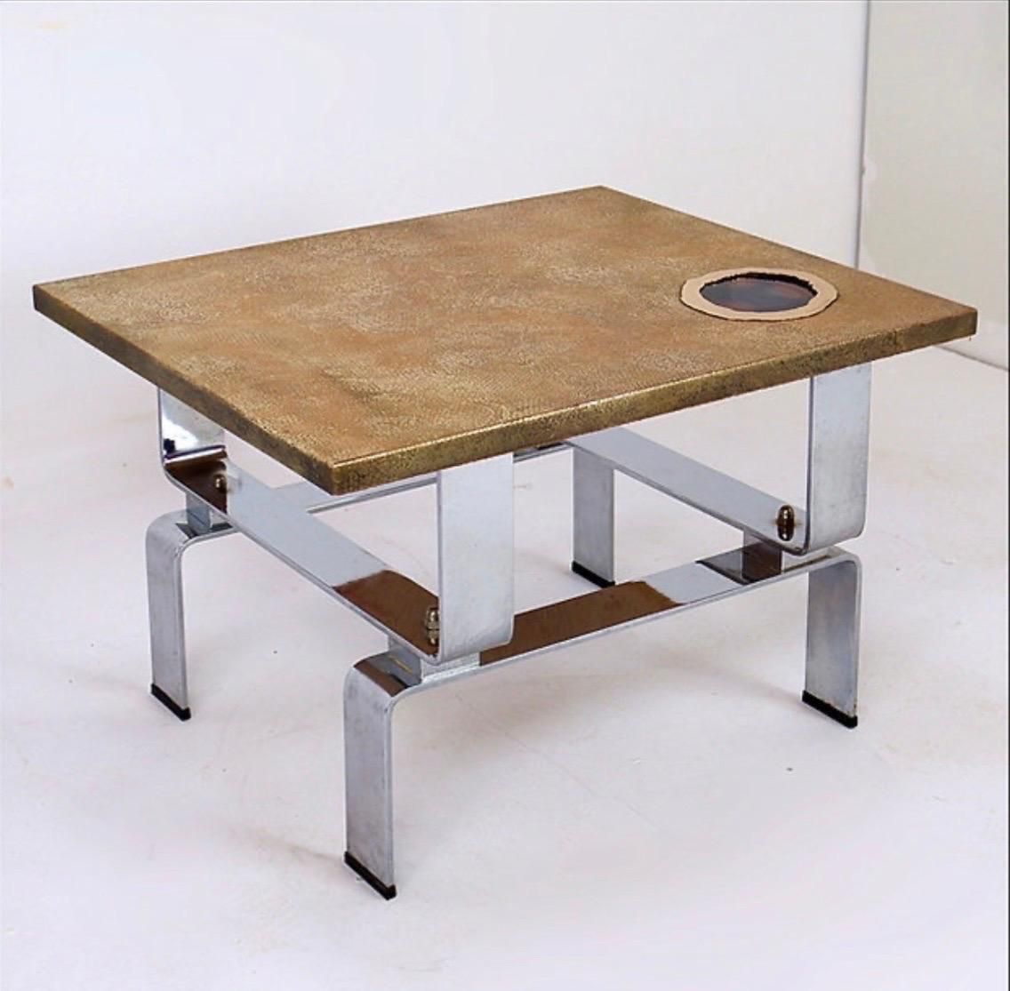 Acid Etched Brass Coffee Table Top By Christian Krekels With An Agate Stone   1980s photo furniture