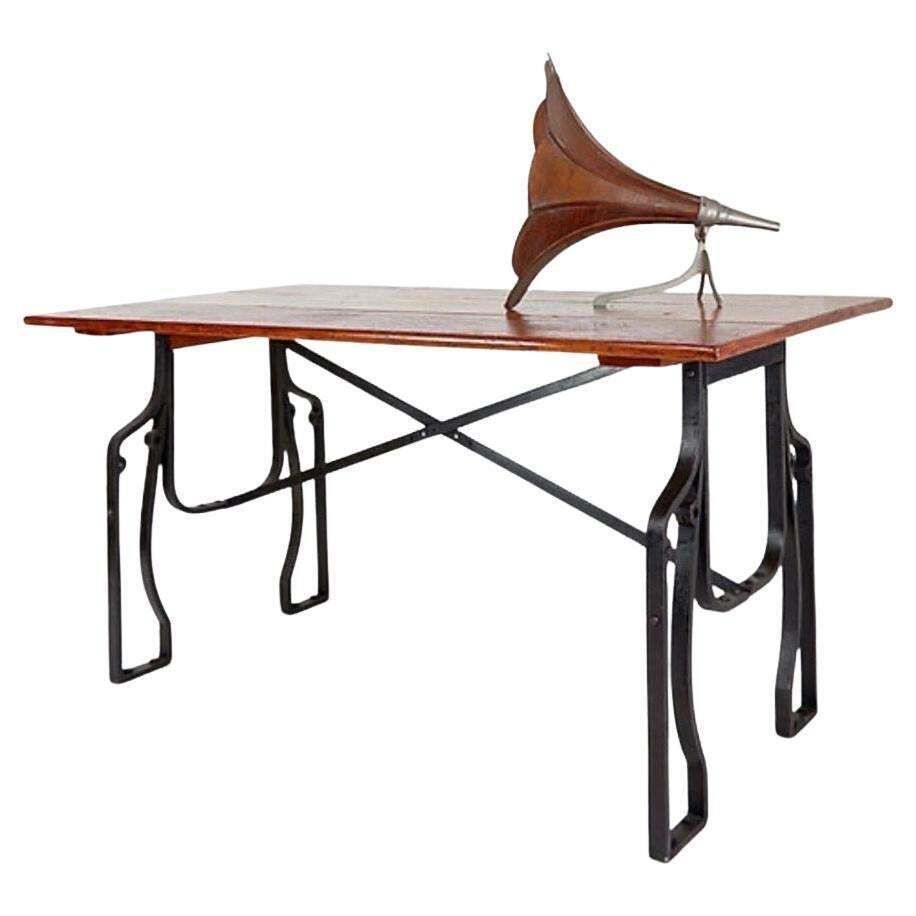 1950s Industrial Bistro Table, Wrought Iron And Wood, Arts And Crafts