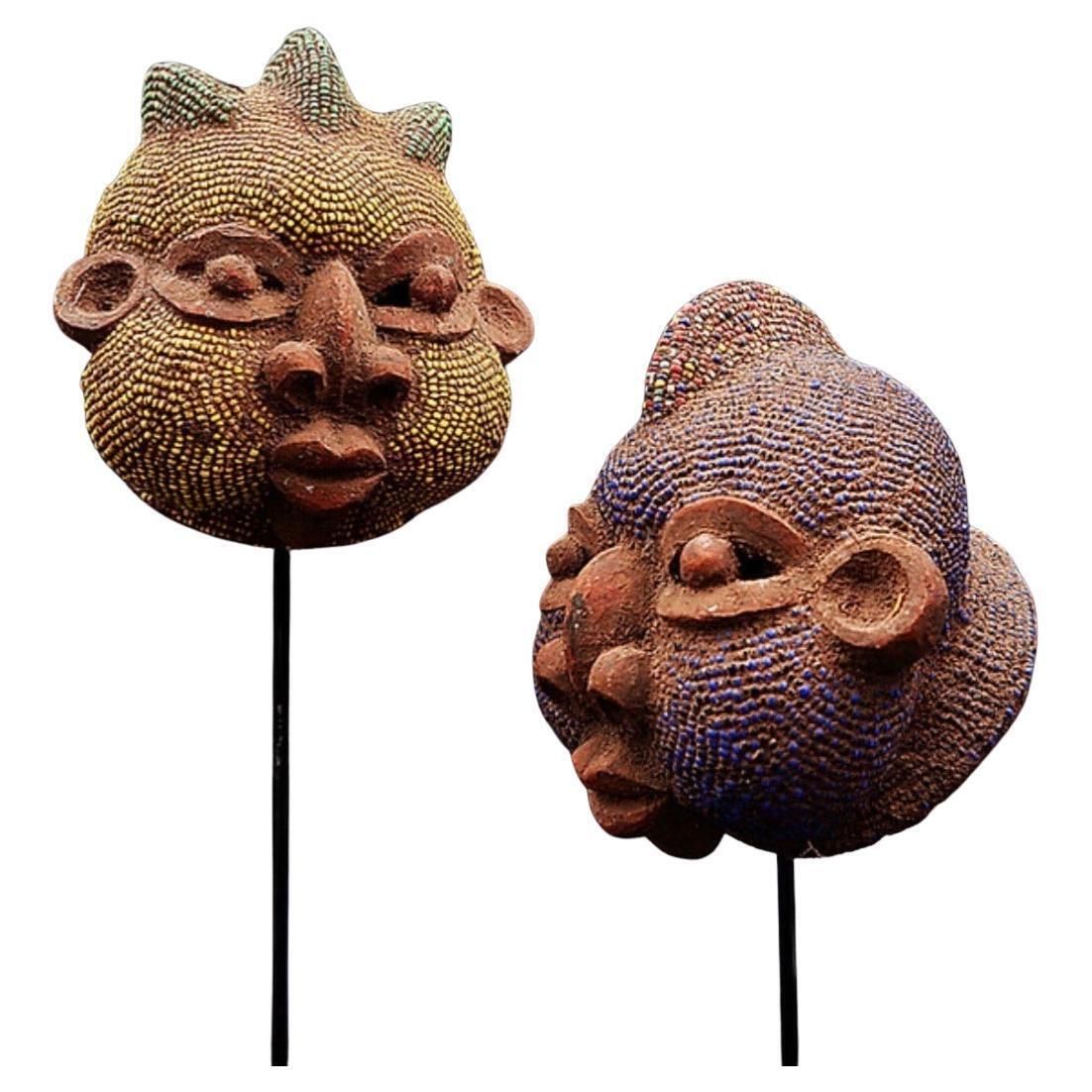 Pair Of African Terracotta And Pearl Heads, Late 20th Century Art