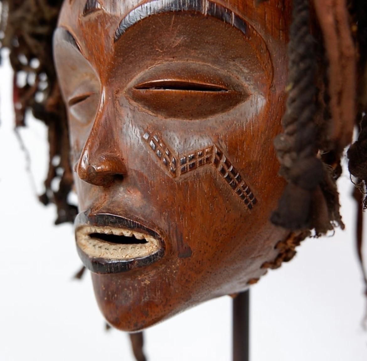 photo for sale African Mask Sculpture On Base, Hardwood And Cord, Tribal Decor, 1990s