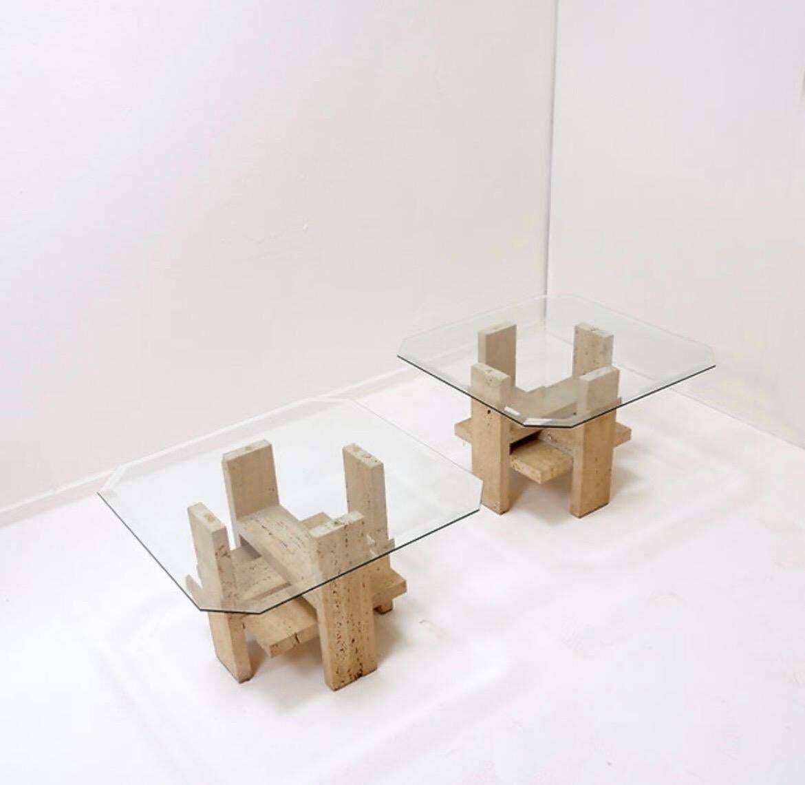 Pair Of Travertine And Glass End Tables By Willy Ballez, Belgium 1970s photo vinterior