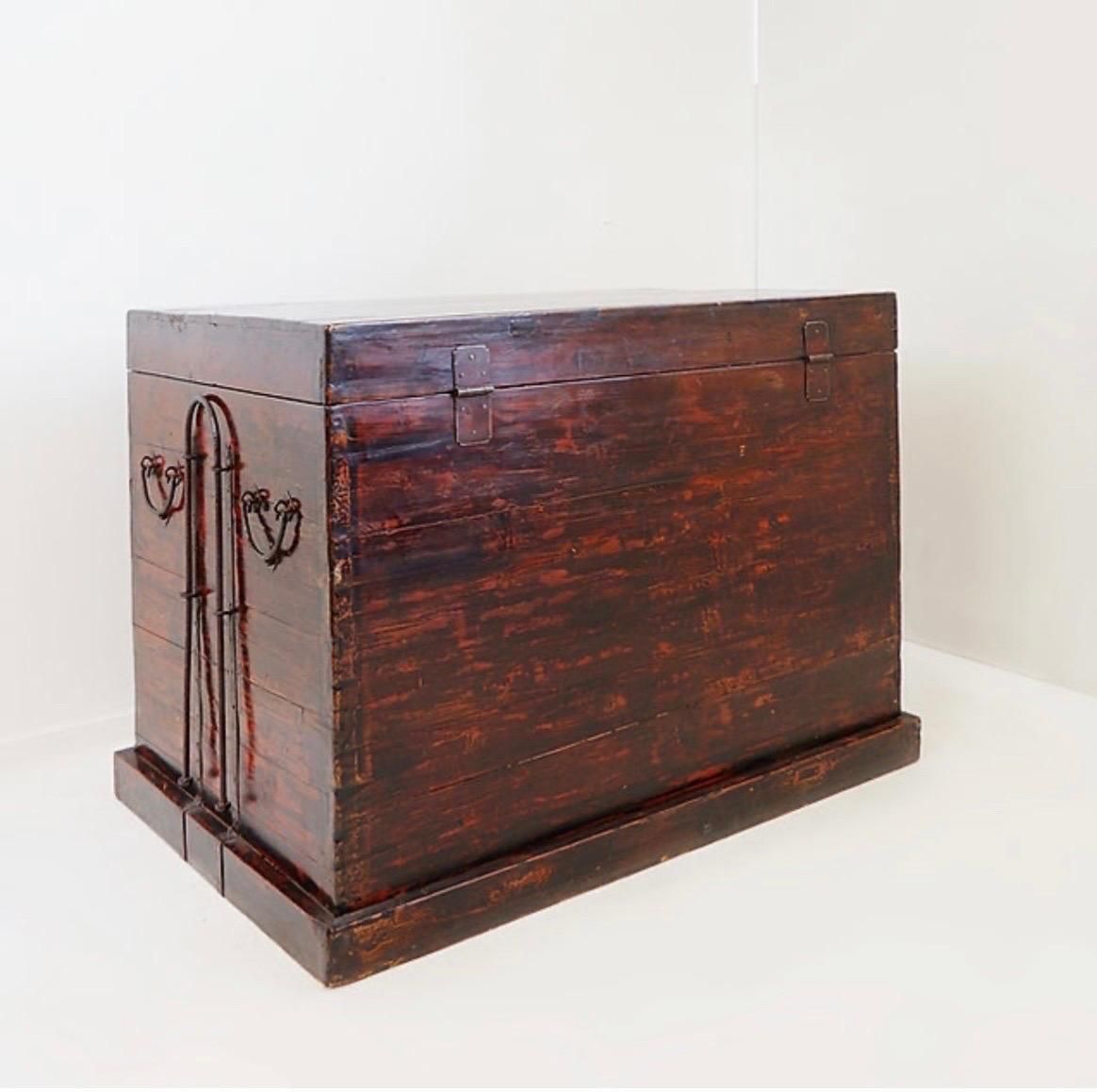 Antique Japanese Wood & Iron Chest, Wabi Sabi Style, Distressed 1945 photo for sale