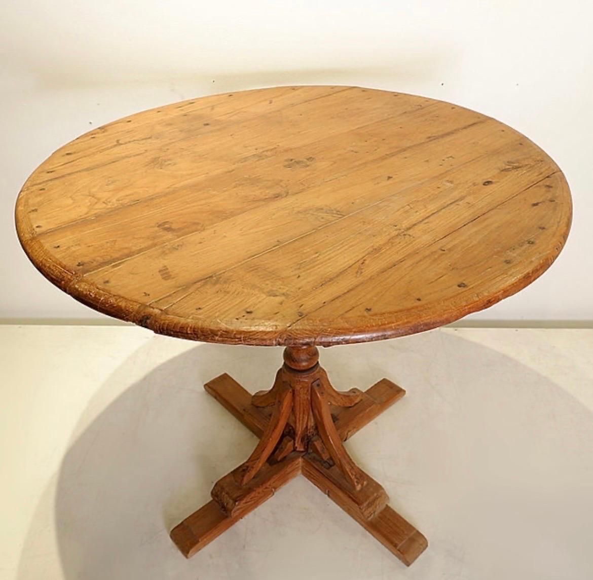 Rustic Round Pedestal Table, Pine Wood, Campaign Style, France, 1958 photo Furniture