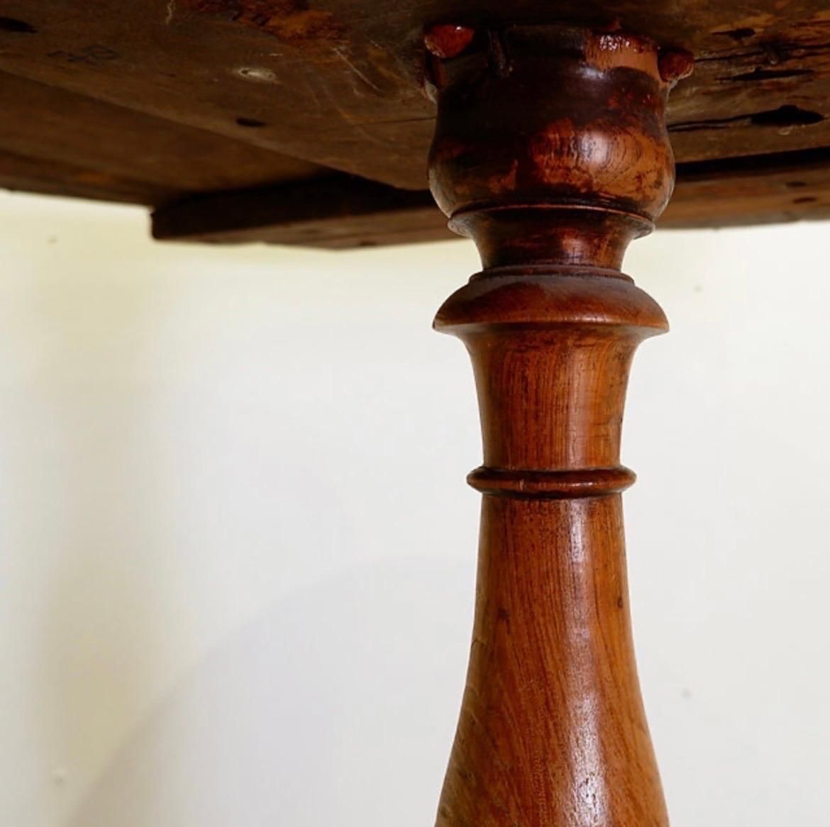 Rustic Round Pedestal Table, Pine Wood, Campaign Style, France, 1958 photo vinterior