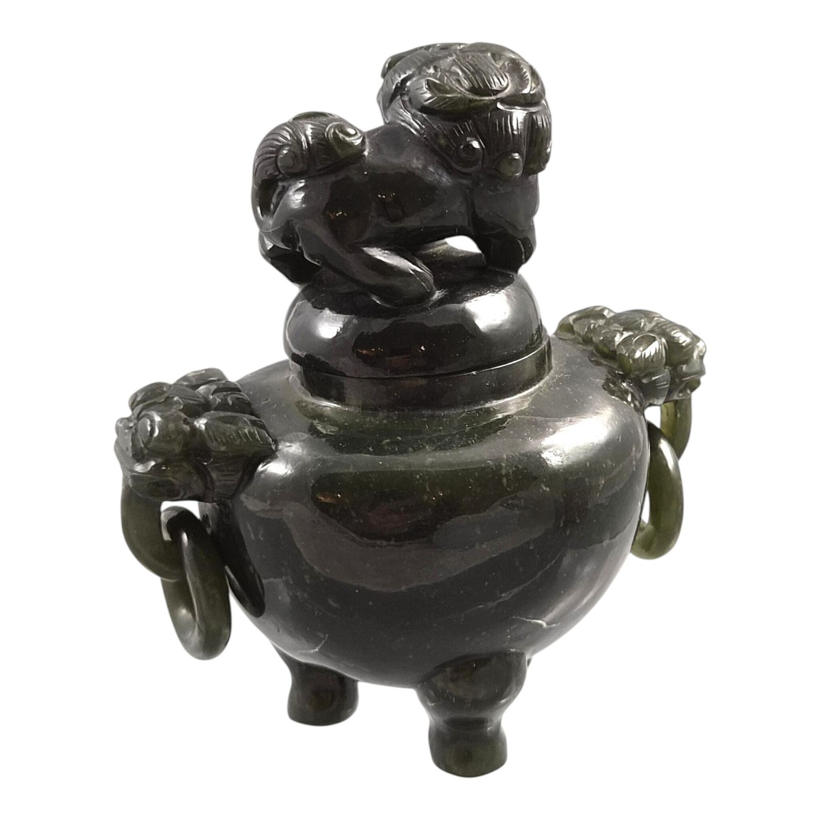 Chinese wierookbrander van spinaziegroene jade met Foo Dog deksel, ca. 1900-1920 photo 400.0