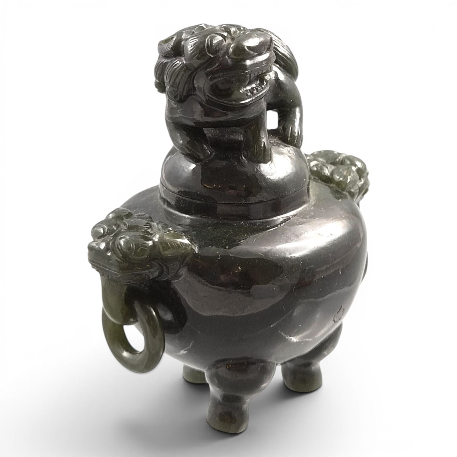 Chinese Spinach Green Jade Incense Burner With Foo Dog Lid, C. 1900–1920