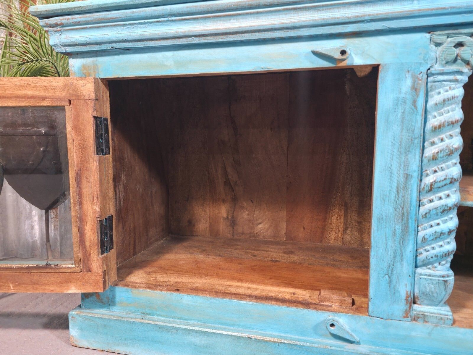 Vintage Reclaimed Indian Blue Solid Wooden Sideboard Tv Unit Display Cabinet photo vinterior