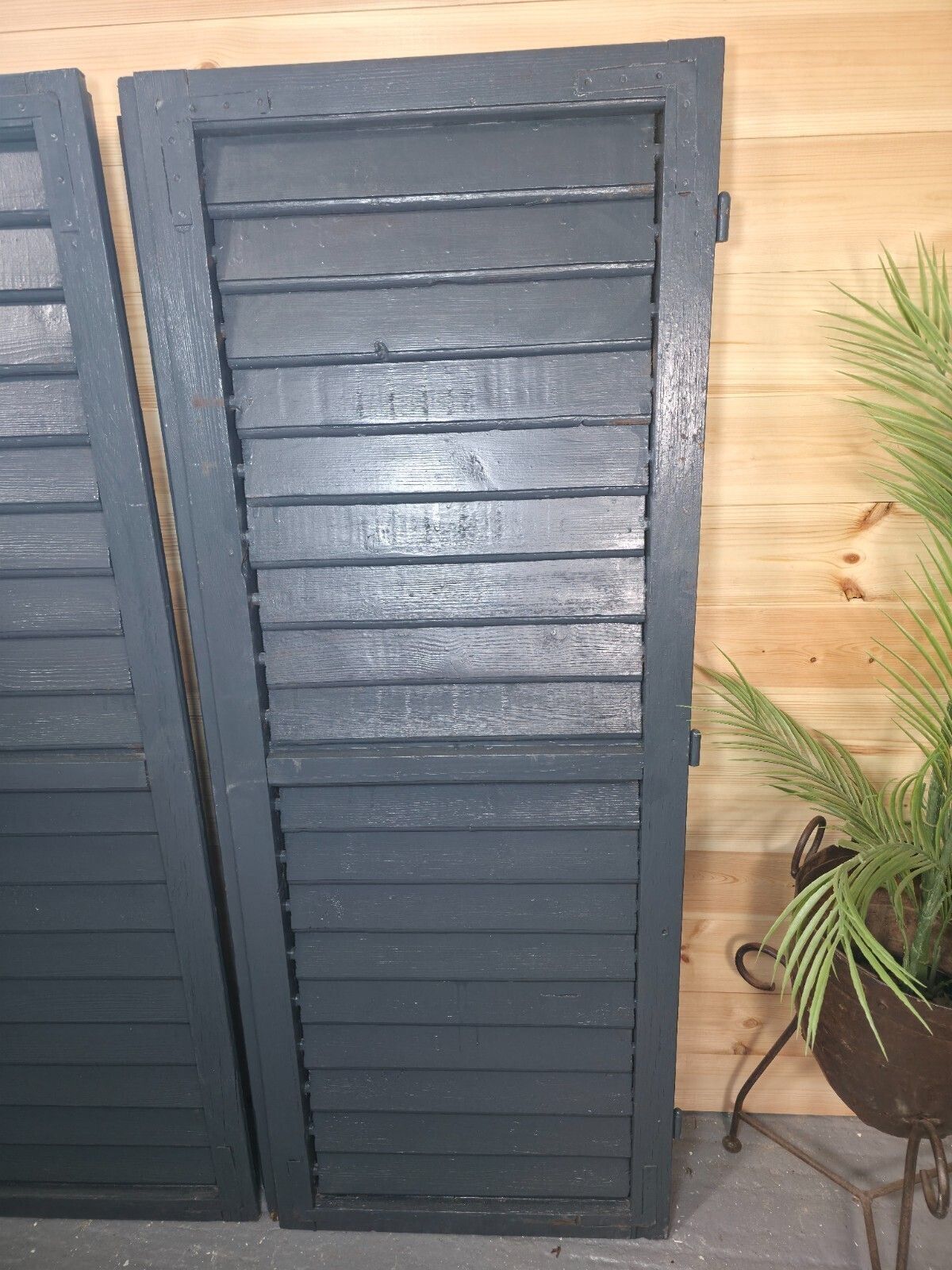 Vintage Antique Pair Rustic French Louvered Pine Wooden Window Shutters photo 175.0