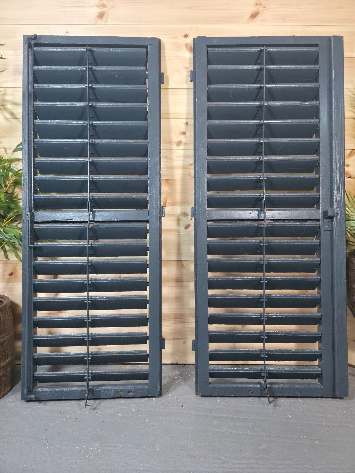 Vintage Antique Pair Rustic French Louvered Pine Wooden Window Shutters photo buy