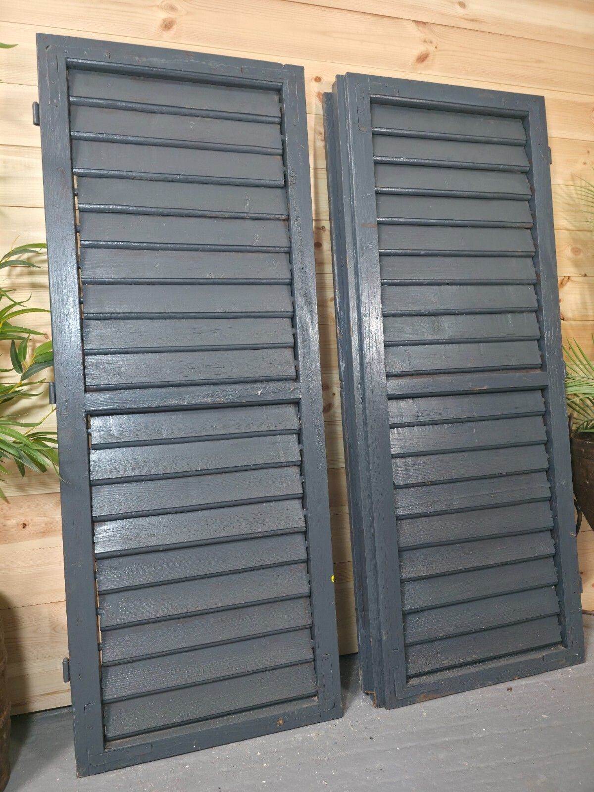 Vintage Antique Pair Rustic French Louvered Pine Wooden Window Shutters photo furniture