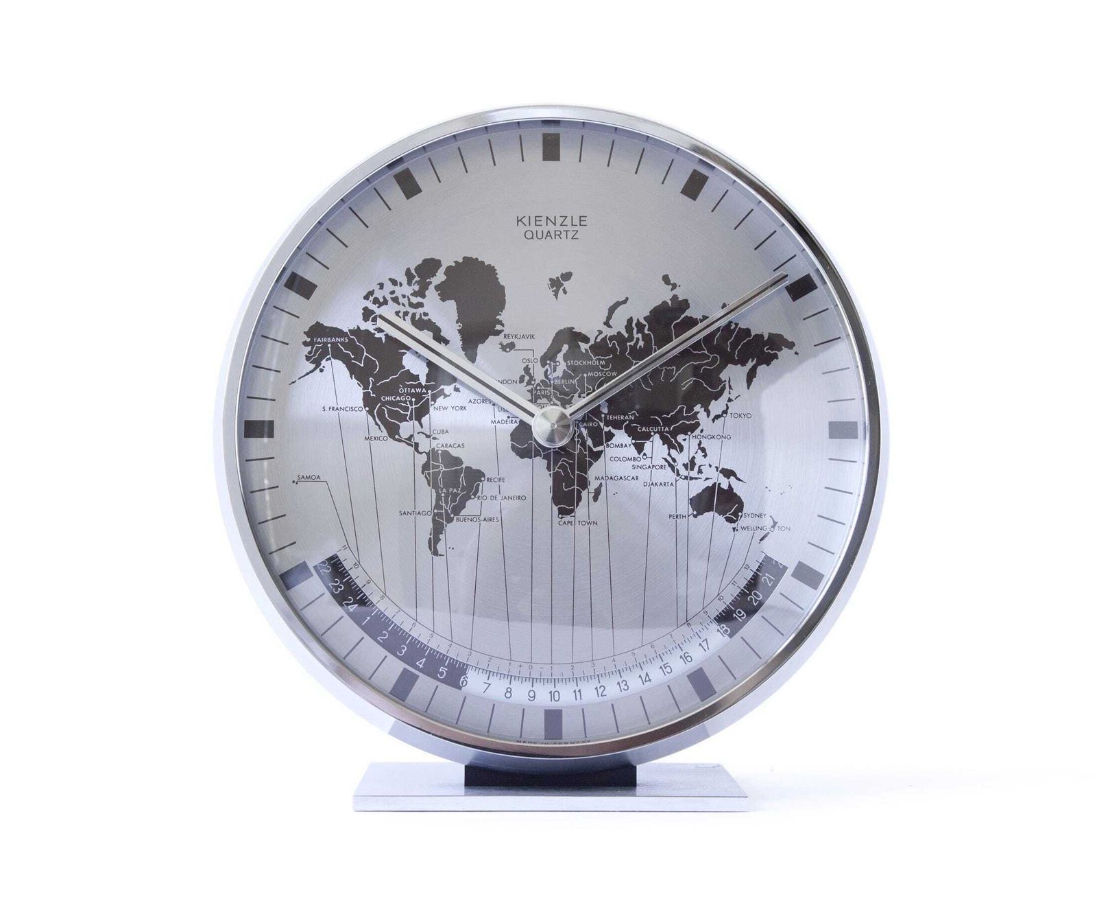 Kienzle Steel World Time Clock Germany Desk Table Mid Century Bauhaus Modernism Mantel Mcm Heinrich Moller Office
