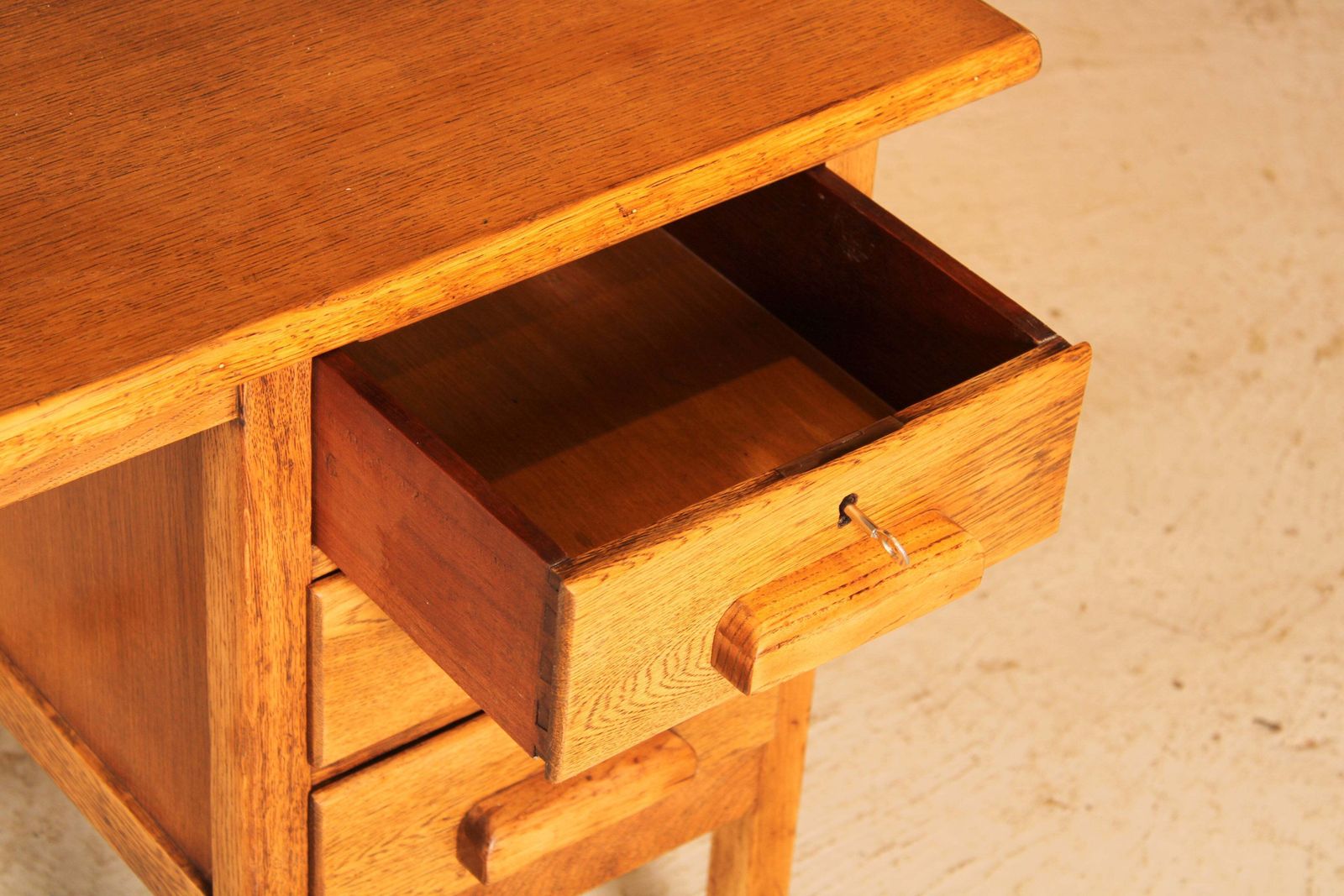 Vintage Mid Century Oak Kneehole Desk With 3 Drawers, Circa 1960s photo buy
