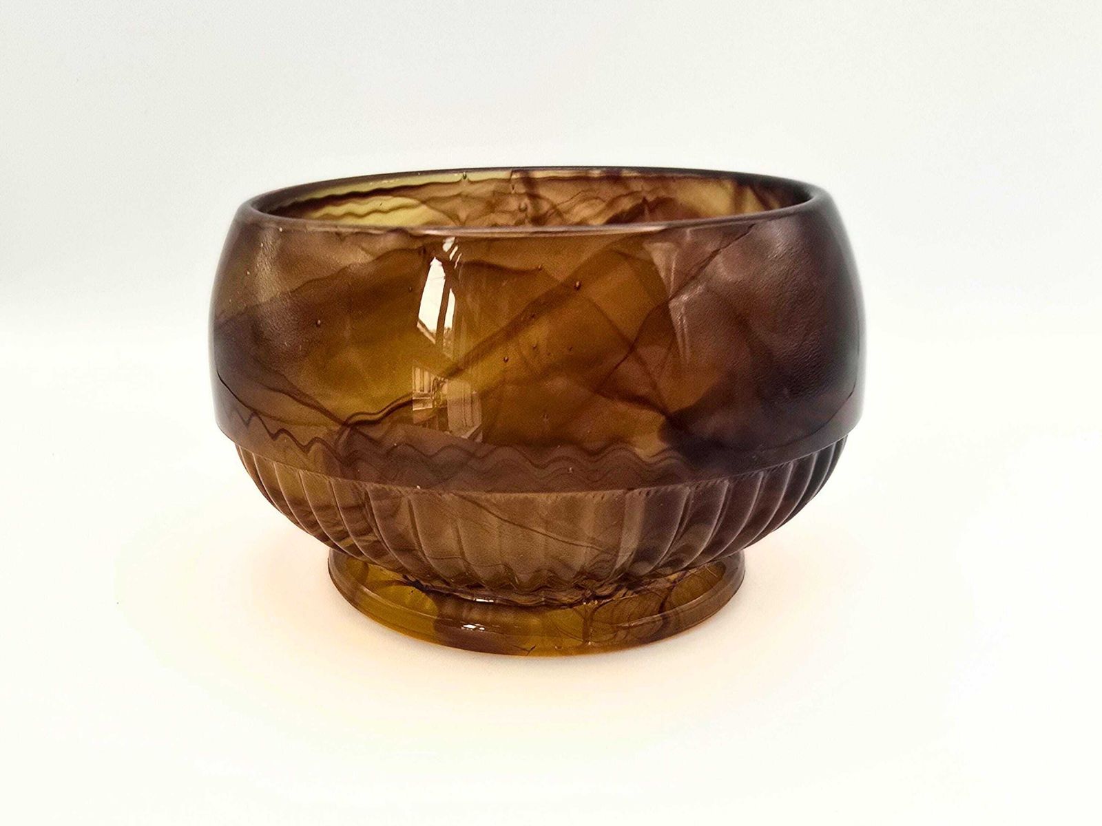 90.0 Art Deco Davidson Cloud Glass Flower Bowl   3 Piece Brown Depression Glass 1930s #10/1910 photo