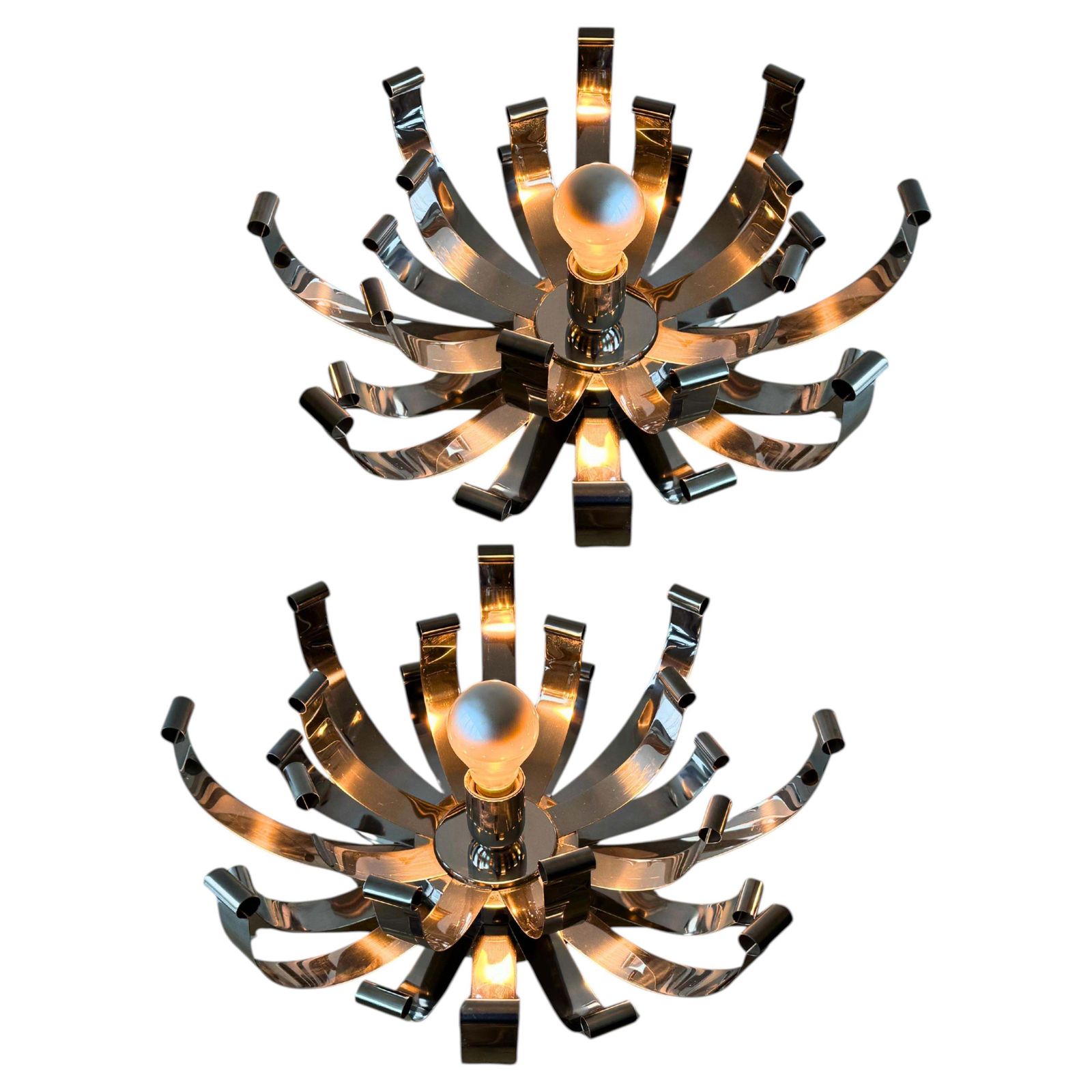 Pair 1970s Italian Design Sculptural Chromed Steel Large Desk Lamps By Reggiani