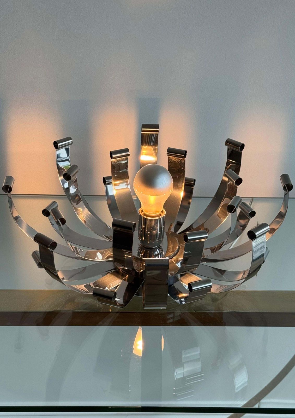 Pair 1970s Italian Design Sculptural Chromed Steel Large Desk Lamps By Reggiani photo buy