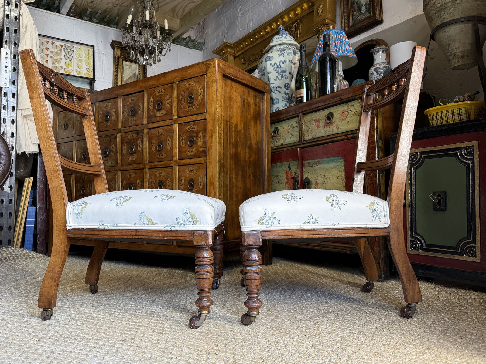 Pair Of Antique Mahogany Nursing Chairs Accent Low Dressing Room Chairs photo buy