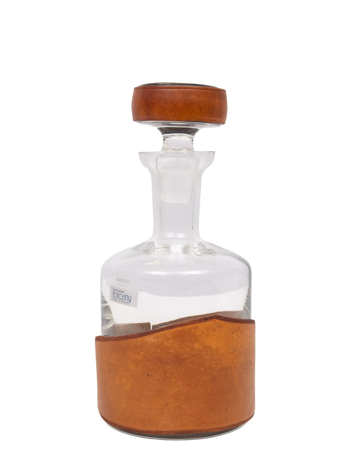 Krosno Poland handgeblazen whiskyfles met leren omhulsel photo furniture