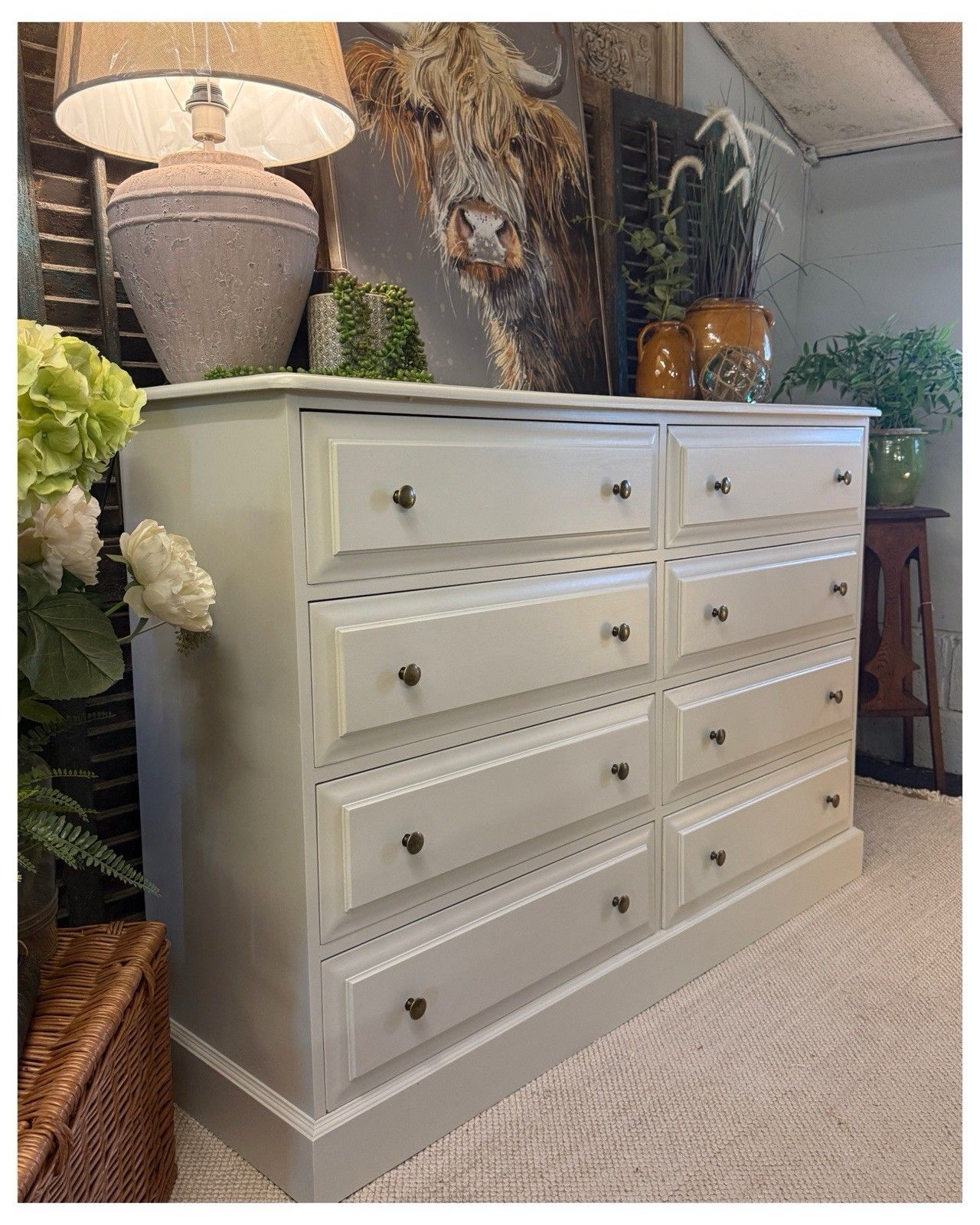 Large Painted Pine Chest Of 8 Drawers Shaded White By Farrow & Ball photo for sale