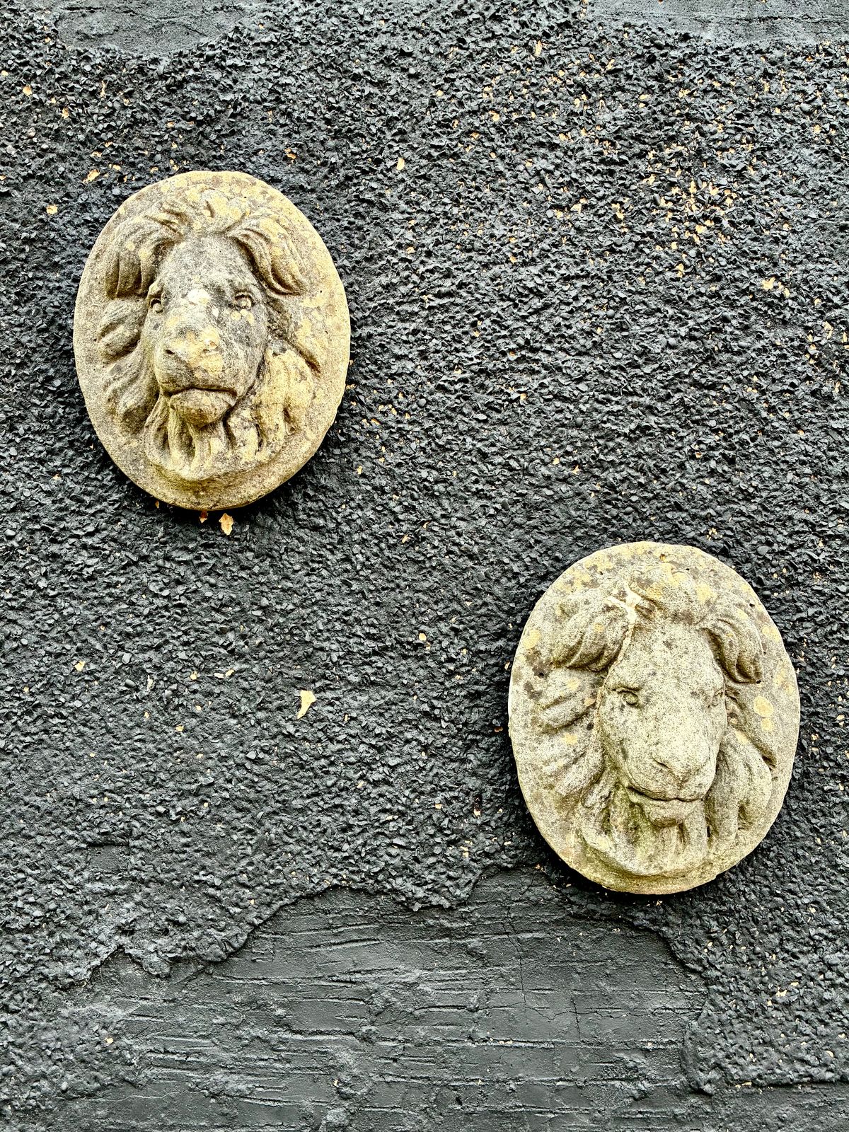 Pair Of Vintage Stone Lion Head Wall Plaques Garden Wall Decor