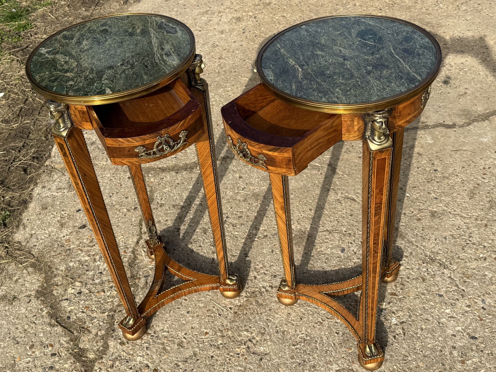 Pair Of French Kingwood Occasional Tables Marble Top Inlaid Side Tables photo for sale