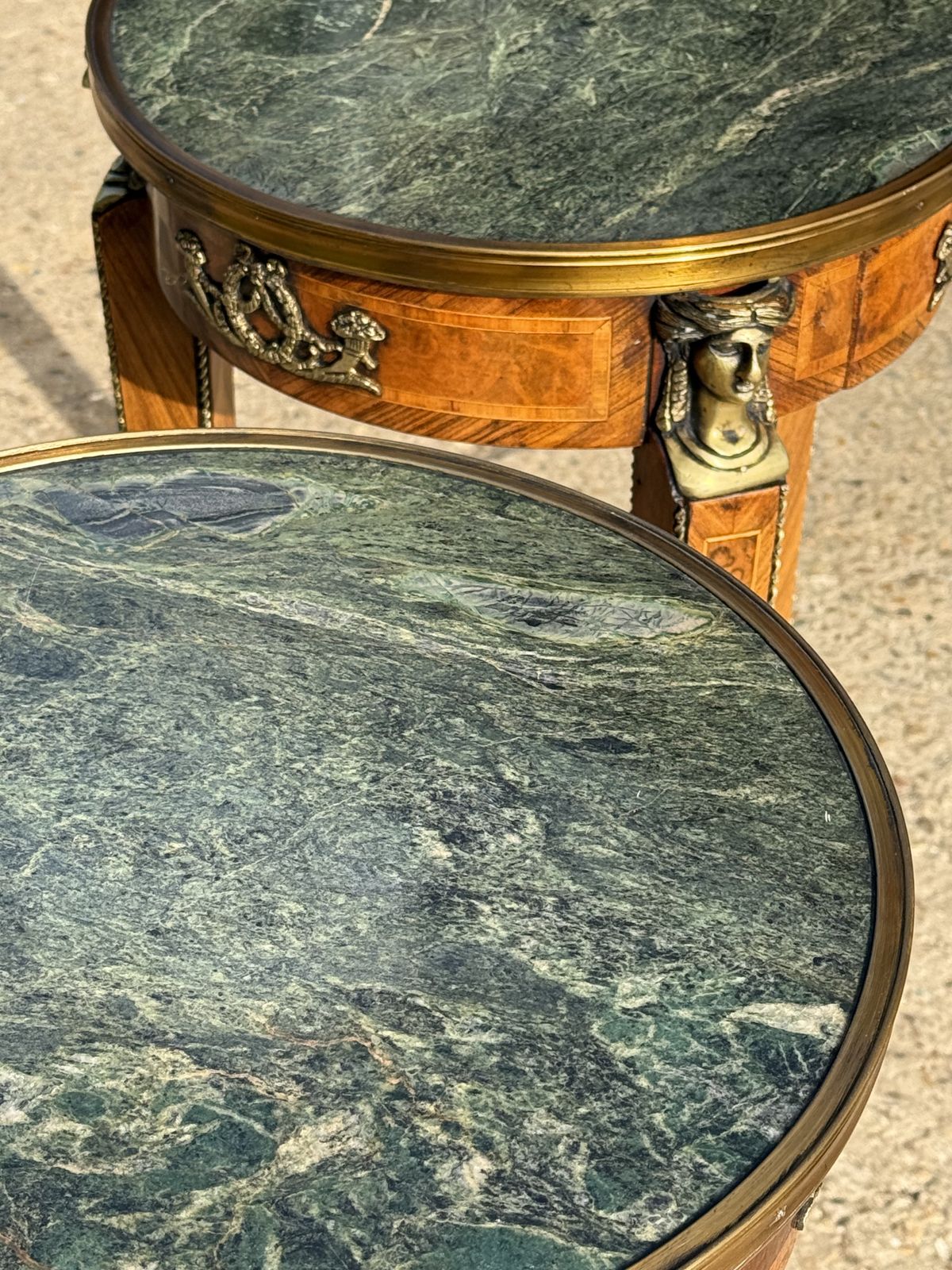Pair Of French Kingwood Occasional Tables Marble Top Inlaid Side Tables photo vinterior