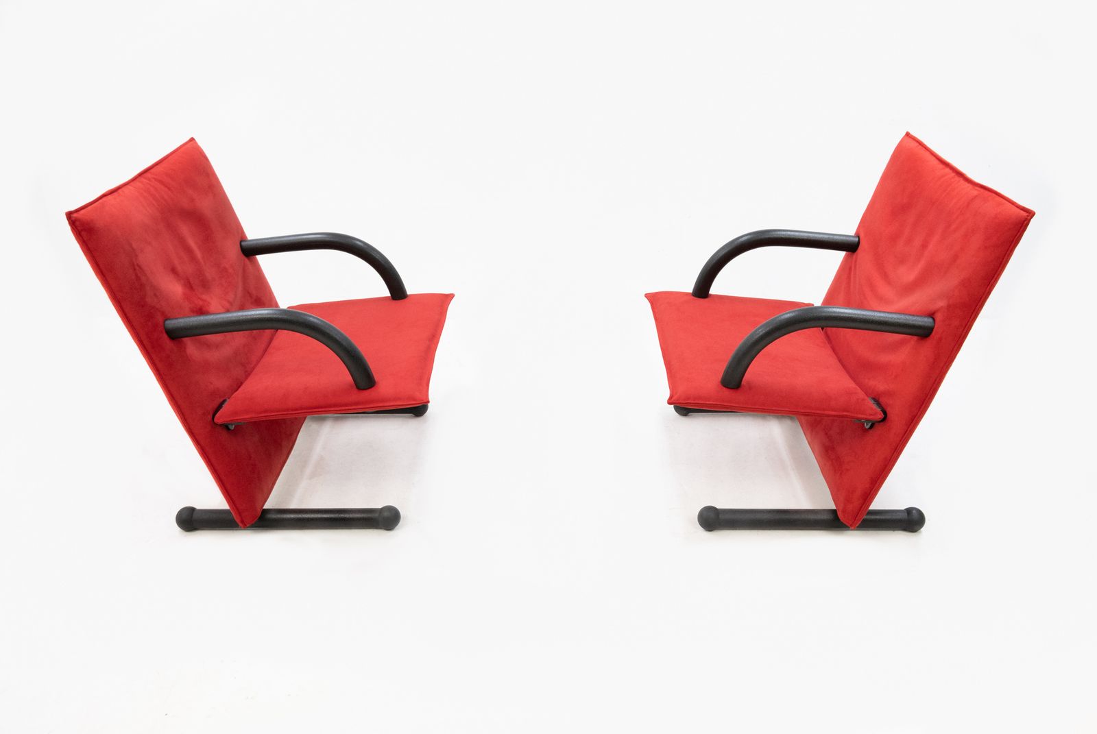Postmodern T Line Lounge Chairs By Arflex, Red Alcantara, Italy, 1982 photo vinterior