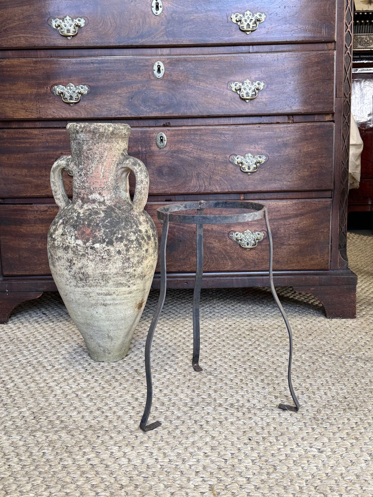 Olive Urn On Metal Stand Terracotta Pottery Amphora photo vinterior