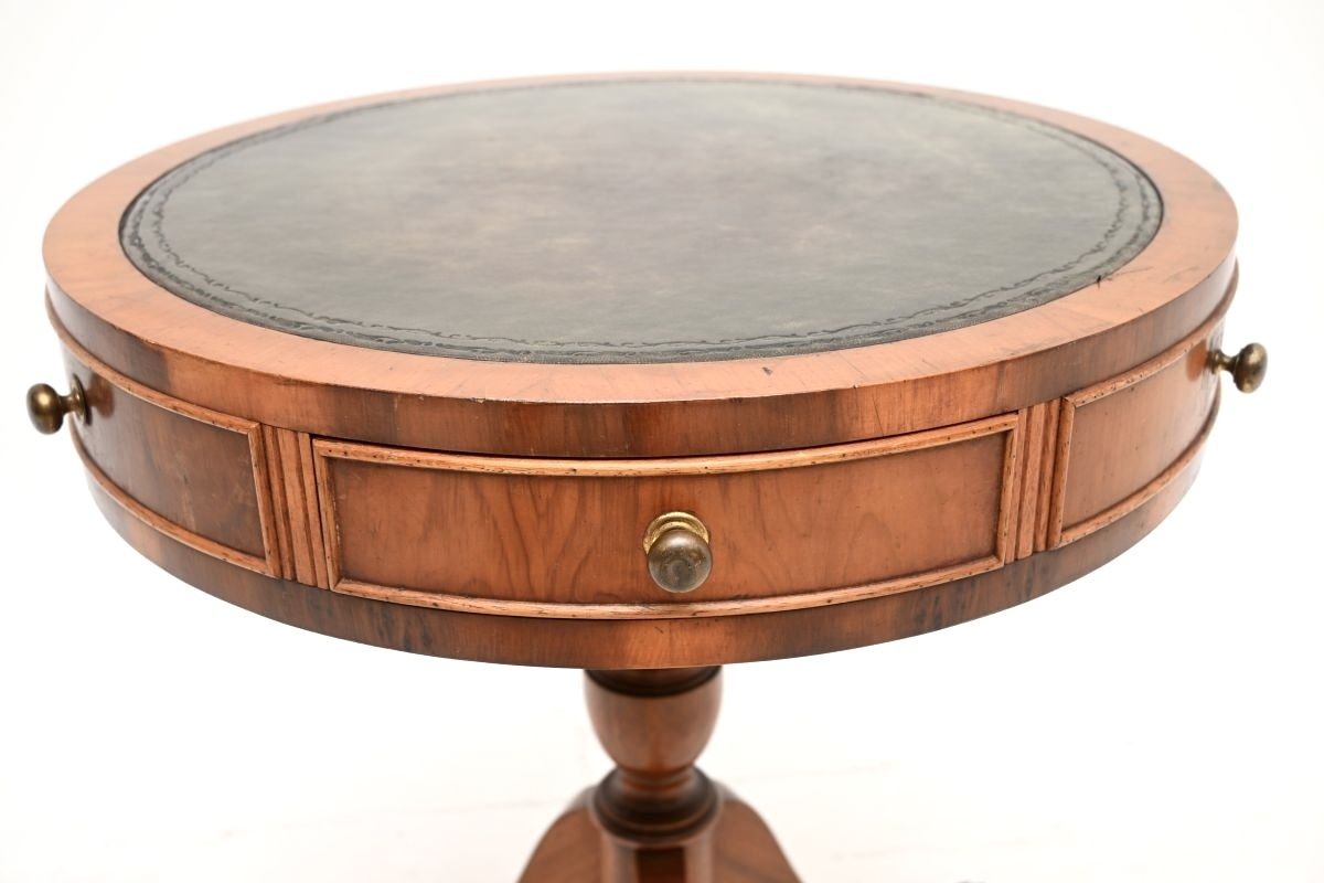 Antique Yew Wood Leather Top Drum Table photo 709.0