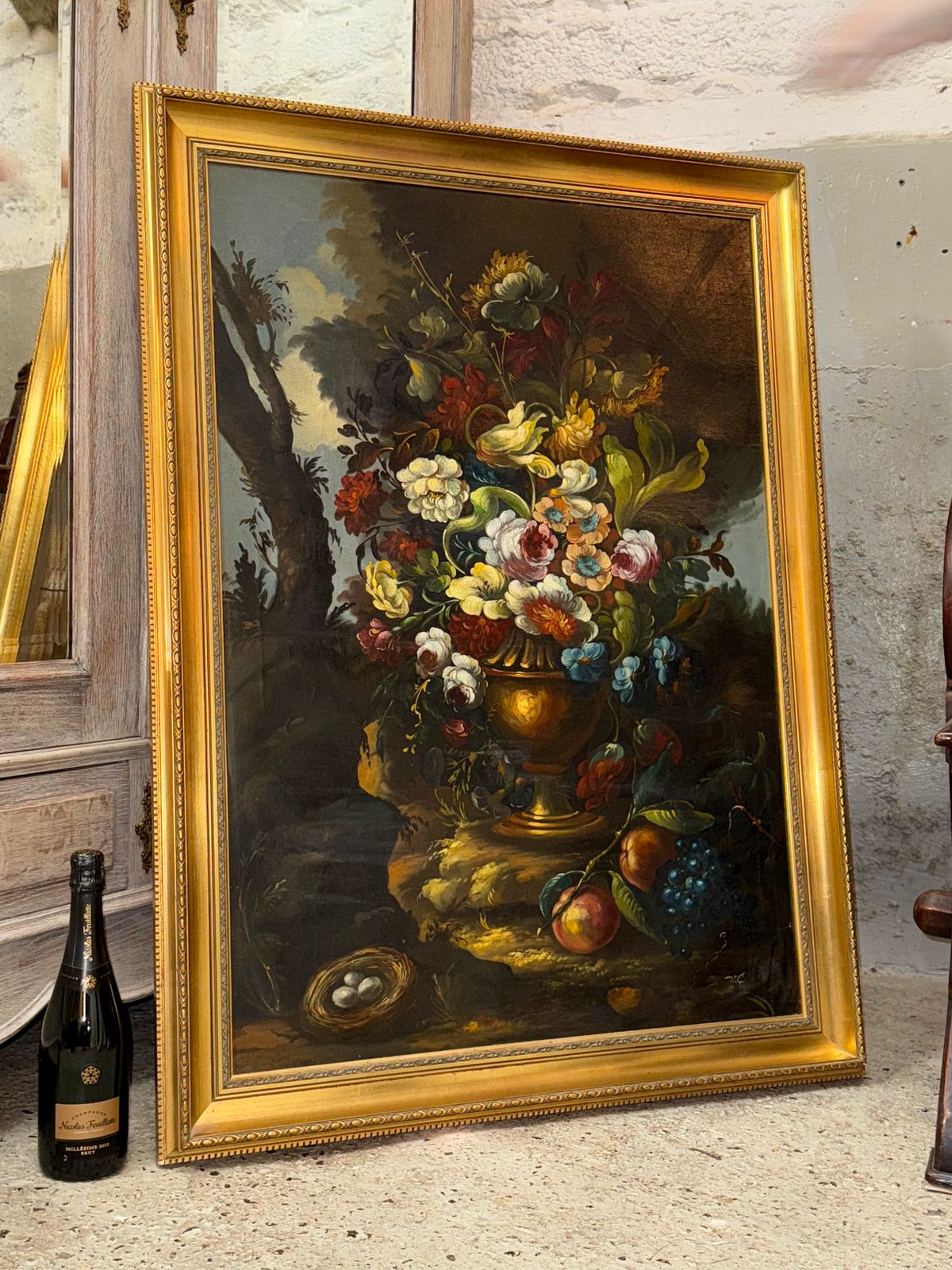 Large Oil On Canvas In The Manner Of Jan Van Huysum Floral Fine Art Painting