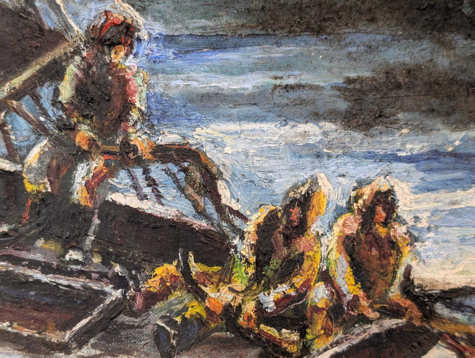 Late 19th Century Signed & Framed Evocative Trawlermen At Sea Oil Painting. photo furniture