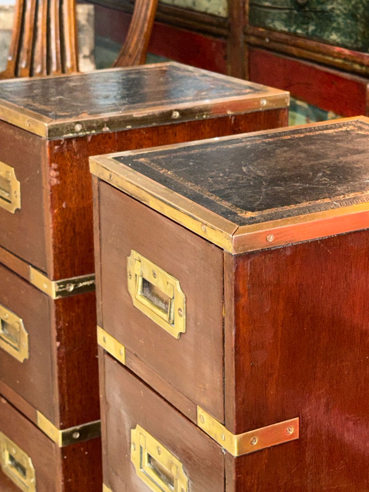 Pair Of Bedside Brass Bound Military Bedside Campaign Cabinets Tables Drawers photo furniture