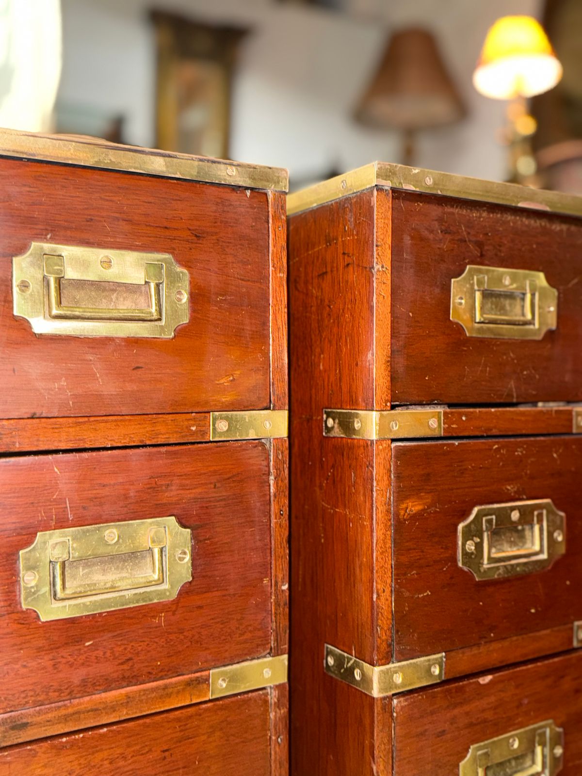 Furniture Pair Of Bedside Brass Bound Military Bedside Campaign Cabinets Tables Drawers photo