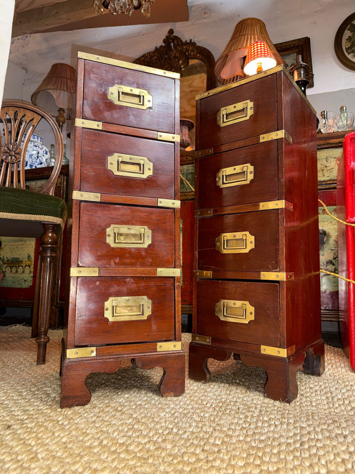 995.0 Pair Of Bedside Brass Bound Military Bedside Campaign Cabinets Tables Drawers photo